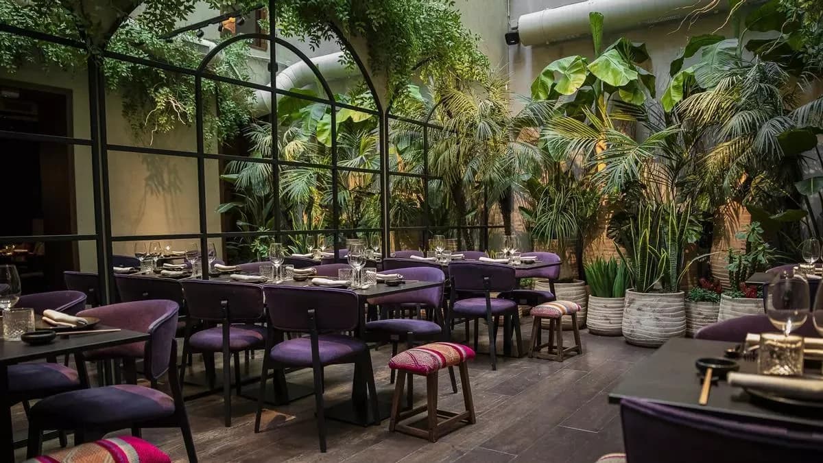 The group's dining room: laid tables under a glazed courtyard with tropical planting.